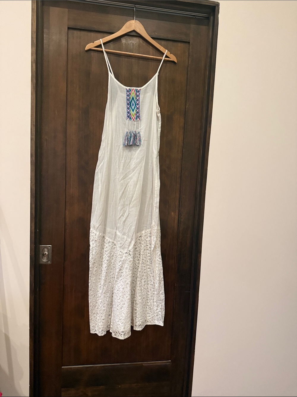 White Lace Maxi Dress with Colorful Embroidered Tassel Detail